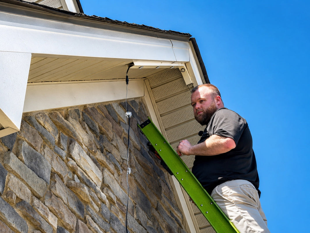 Installer on a ladder mounting permanent lighting to the soffit of a stone home
